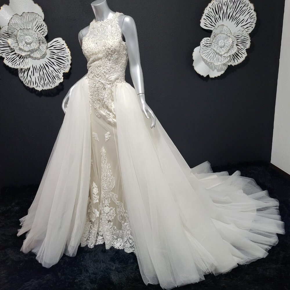 NWT~$2100~LO'ADORO~2/4~IVORY OFF WHITE RHINESTONE DETACHABLE TRAIN WEDDING DRESS